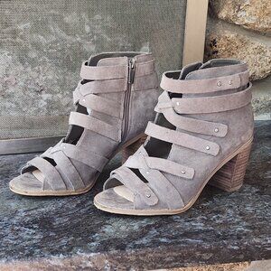 Vince Camuto Tanter Studded Taupe Suede Caged Block Heels Size 8.5M